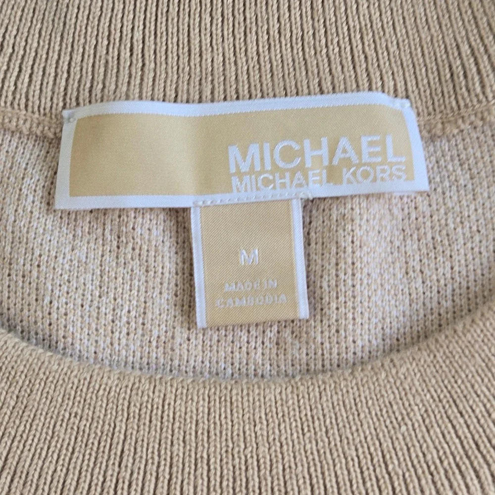 Michael Kors MK Logo Sweater Womens Medium Camel White Monogram Crewneck